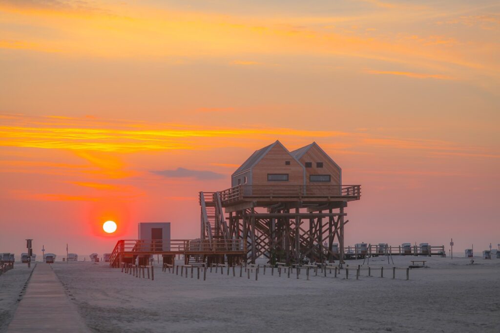 Stilt houses on the beach of St. Peter-Ording