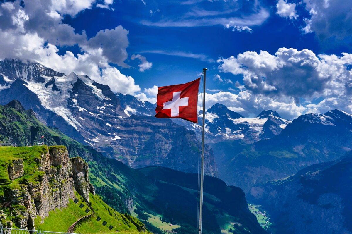 Swiss flag in Grindelwald, Switzerland.