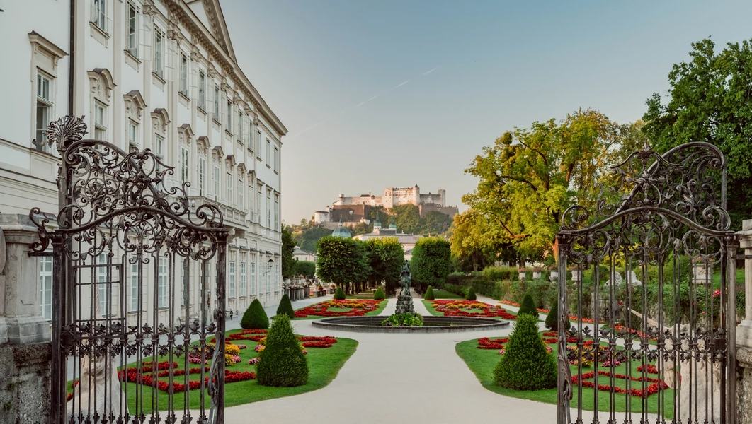 The Mirabell Gardens with a view of the Pegasus Fountain, around which Maria and the children dance in the film, as well as the famous 'Do-Re-Mi Steps'.